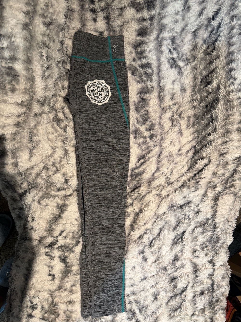 Gray Athletic Leggings with Teal Stitching and Side Badge - Off Brand